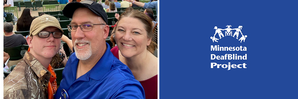 Click on this banner with the DeafBlind logo to go to the home page. And on the left a photo of a white family of three, mom, dad and their teenage son standing at the outdoor Muny Theatre in St. Louis.