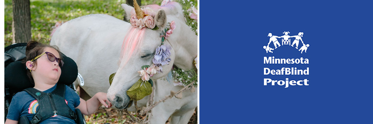 Click on this banner with the DeafBlind logo to go to the home page. And on the left a photo of a girl in a wheelchair petting a white hourse's head.