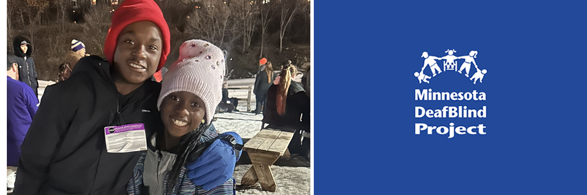 Click on this banner with the DeafBlind logo to go to the home page. And on the left a photo of an African American teenage boy stands with his arm around his younger sister wearing snowsuits.