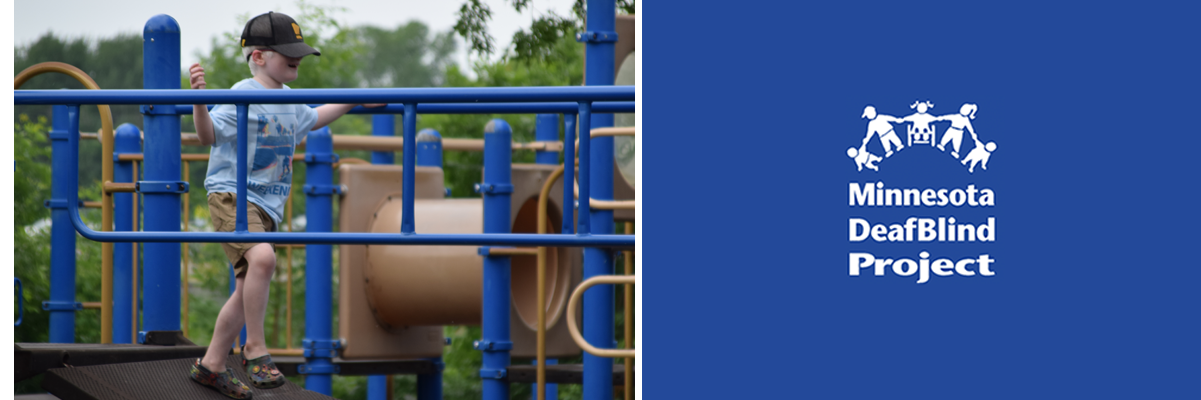Click on this banner with the DeafBlind logo to go to the home page. And on the left a photo of a young boy with light skin, blonde hair and wearing a baseball cap is running happily along the bridge of a playground.
