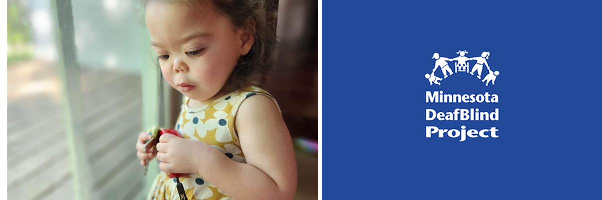 Click on this banner with the DeafBlind logo to go to the home page. And on the left a photo of a Latina toddler girl is standing next to a glass door and looking down.