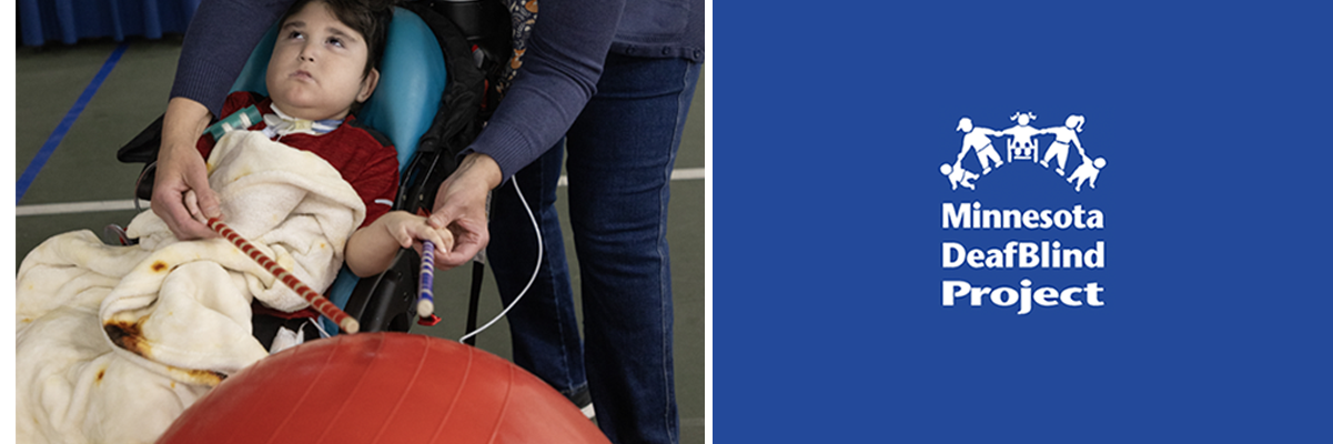 Click on this banner with the DeafBlind logo to go to the home page. And on the left a photo of a mother playing with her child