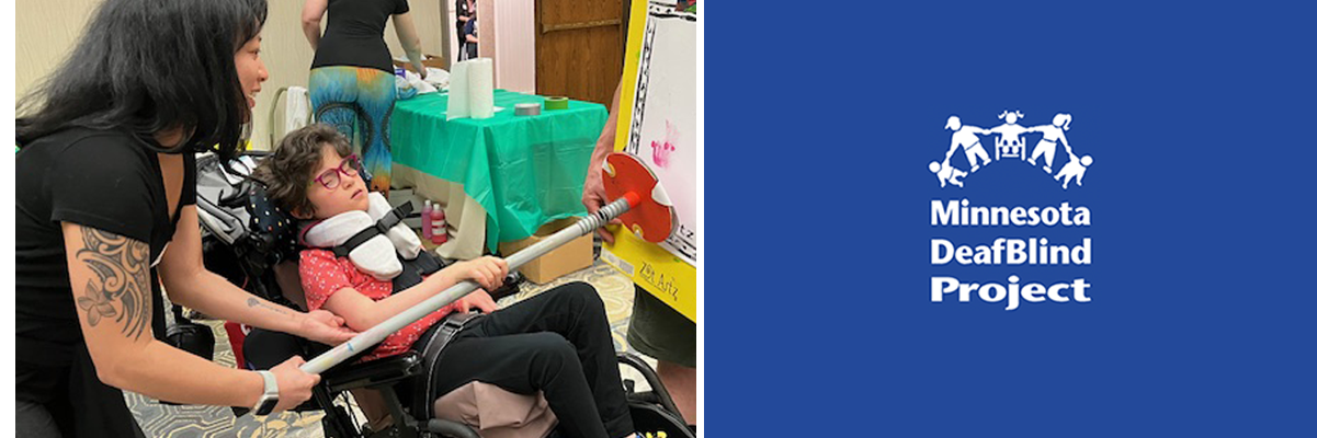 Click on this banner with the DeafBlind logo to go to the home page. And on the left a photo of a mother painting with her kid