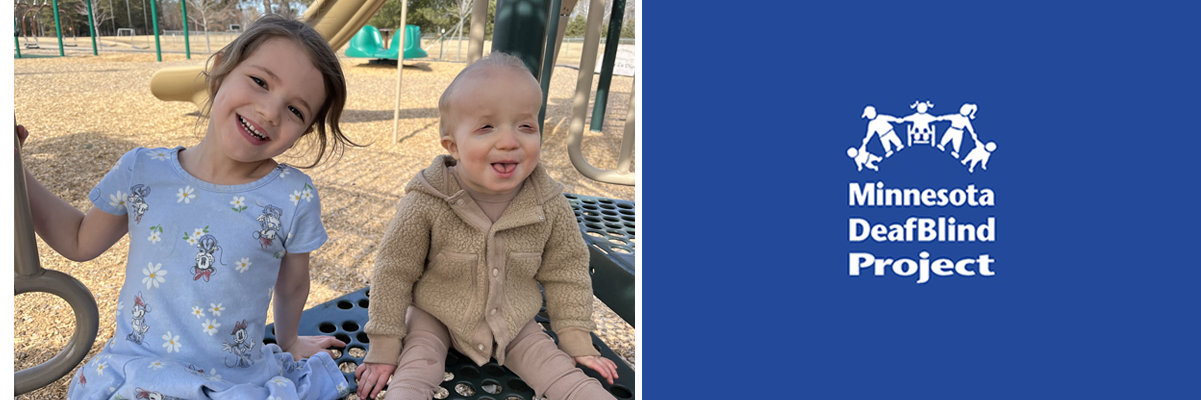 Click on this banner with the DeafBlind logo to go to the home page. And on the left a photo of a toddler boy and his preschool aged sister with light skin and light hair sit together on playground equipment outside.